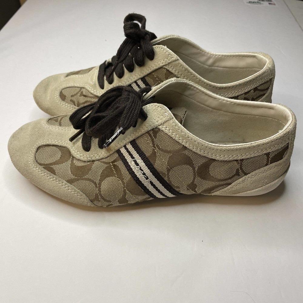 Woman’s Coach Beyla Sneakers Logo US Size 7 M Lace Up Suede Beige Brown